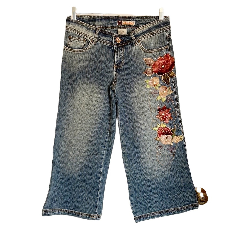 jou jou Y2K embroidered wide leg culottes capri crop jeans size 9/10
